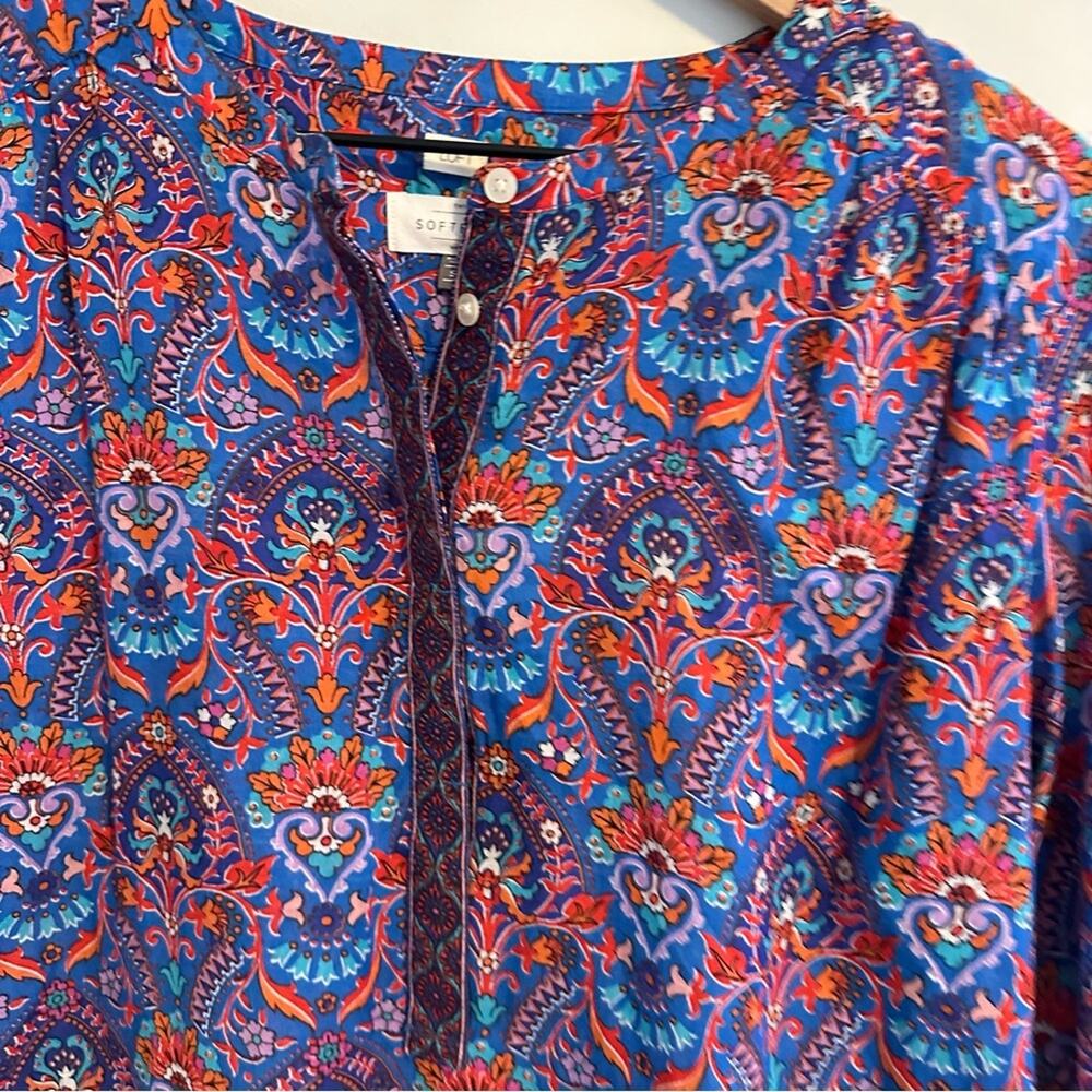 LOFT The Softened Shirt Blue Red Block Print Long Sleeve Blouse Top Small - Picture 7 of 13